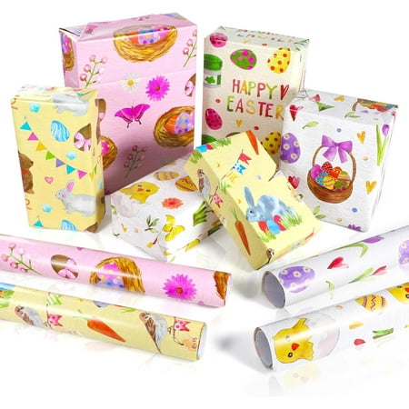 HOWAF 12 Sheets Easter Wrapping Paper Spring Bunny Rabbit Egg Flower Gift Wrap Paper, Colorful Easter Chick Eggs Bunny Pattern Gift Wrapping Paper Holiday Birthday Party Gift Wrap DIY Craft