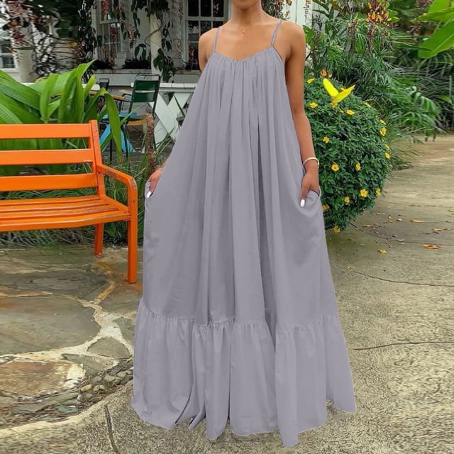 Vestidos de verano Fnochy para mujer, de una pieza, color liso, a la moda, informales, sin mangas, con tirantes, bolsillos, sueltos, sin espalda, vestido amplio con vuelo
