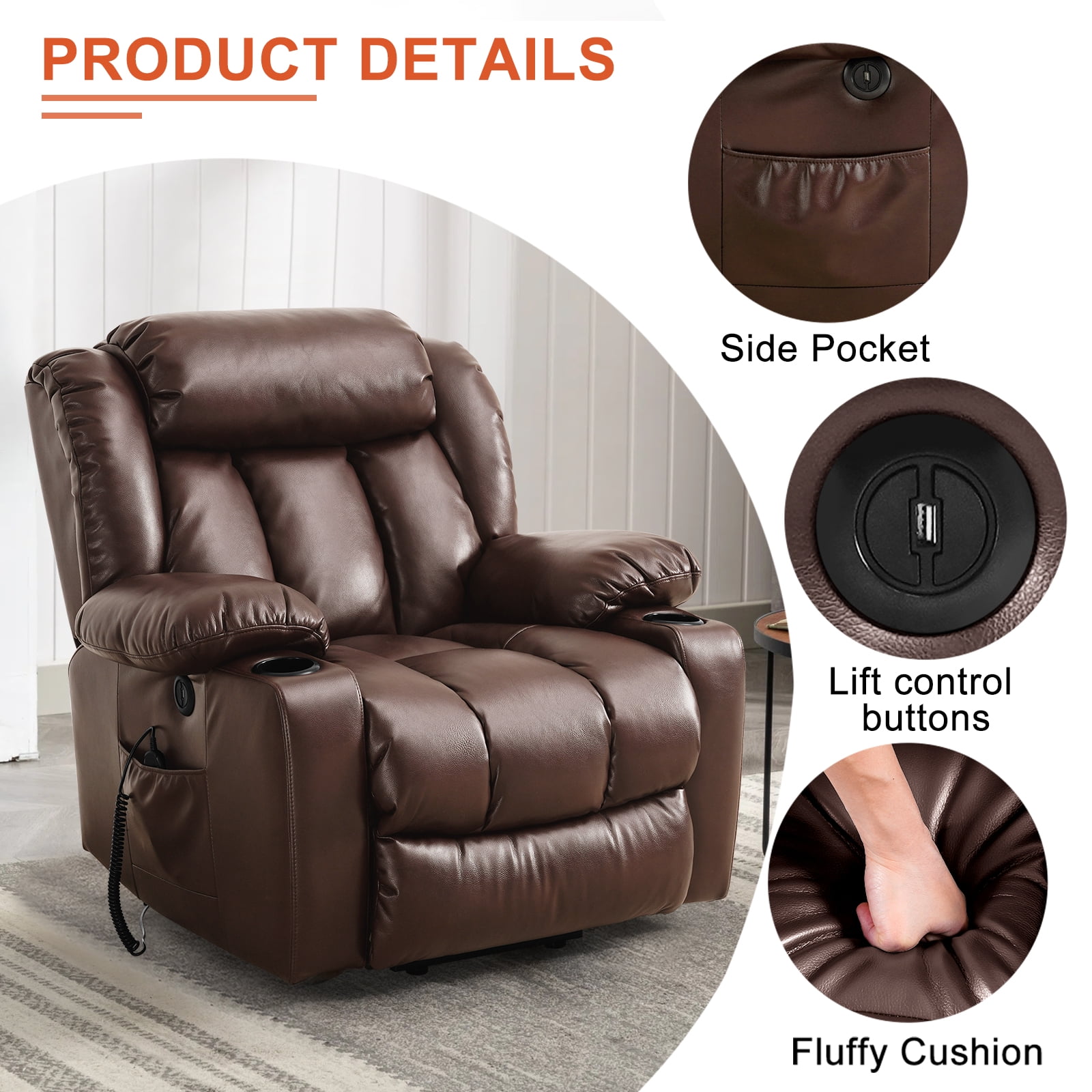 TEKAMON Large Power Lift Recliner Chair for Elderly with Heat and Massage Leather Electric Recliners Chair For Living Room with Cup Holders, Remote Control (Brown)