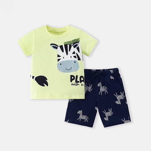 Toddler Outfits for Boys Soft Light Print Crew Short Sleeve Two Piece Toddler Kids Loose Summer Daily Casual Play Outfit Set