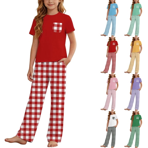 HVOBTTY Toddler Kid's Solid Color Plaid Pocket Crew Neck Short Sleeve Top Elastic Waist Long Pant 2 Piece Cotton Home Wear Outfit Suits