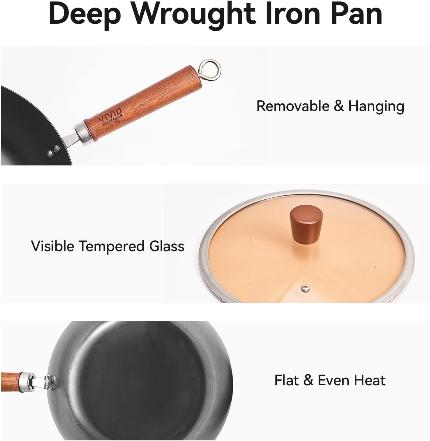 Carbon Steel Wok Flat Bottom 10.2 Inch with Glass Lid, Spun Iron Stir Fry Pan Coating- Naturally Seasoned for Gas Electric Stovetops