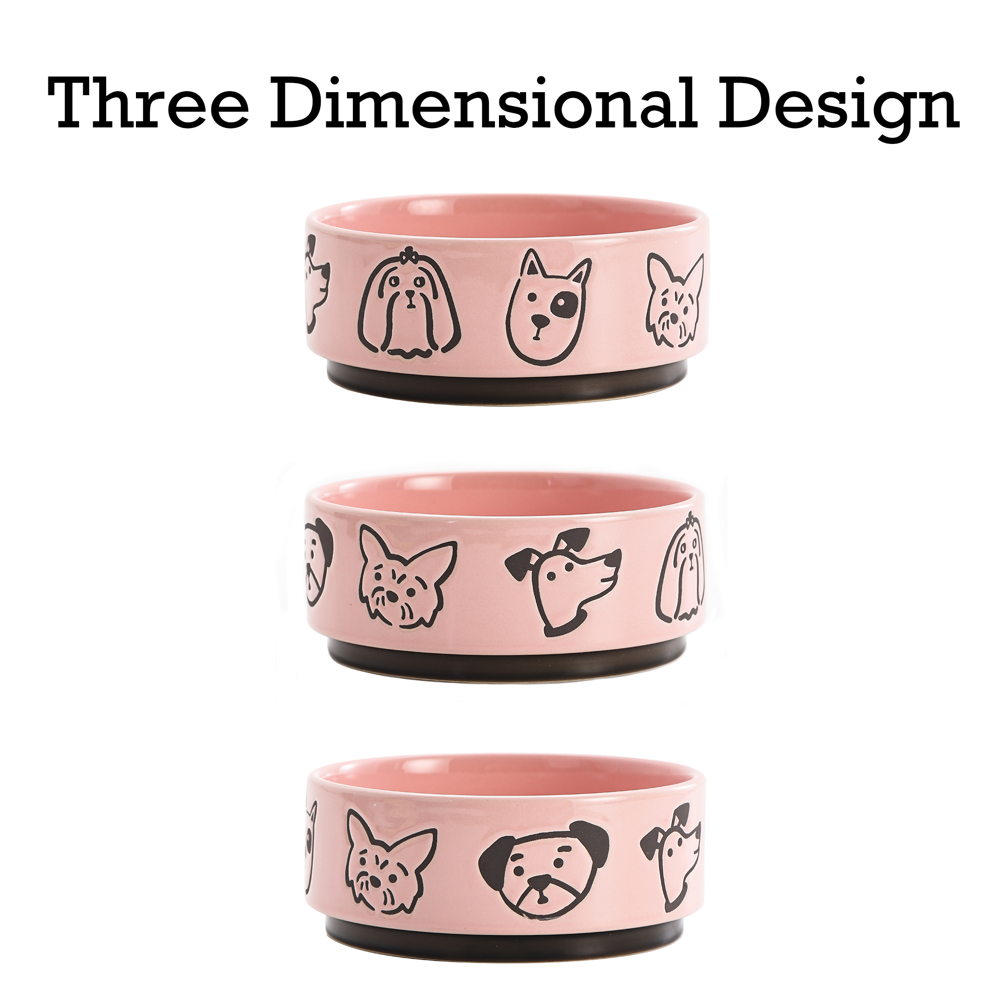 Bico Cute Dog Face Pink Ceramic 26oz Pet Bowl, for Medium Size Dog, Puppy, Durable and Dishwasher Safe Stoneware