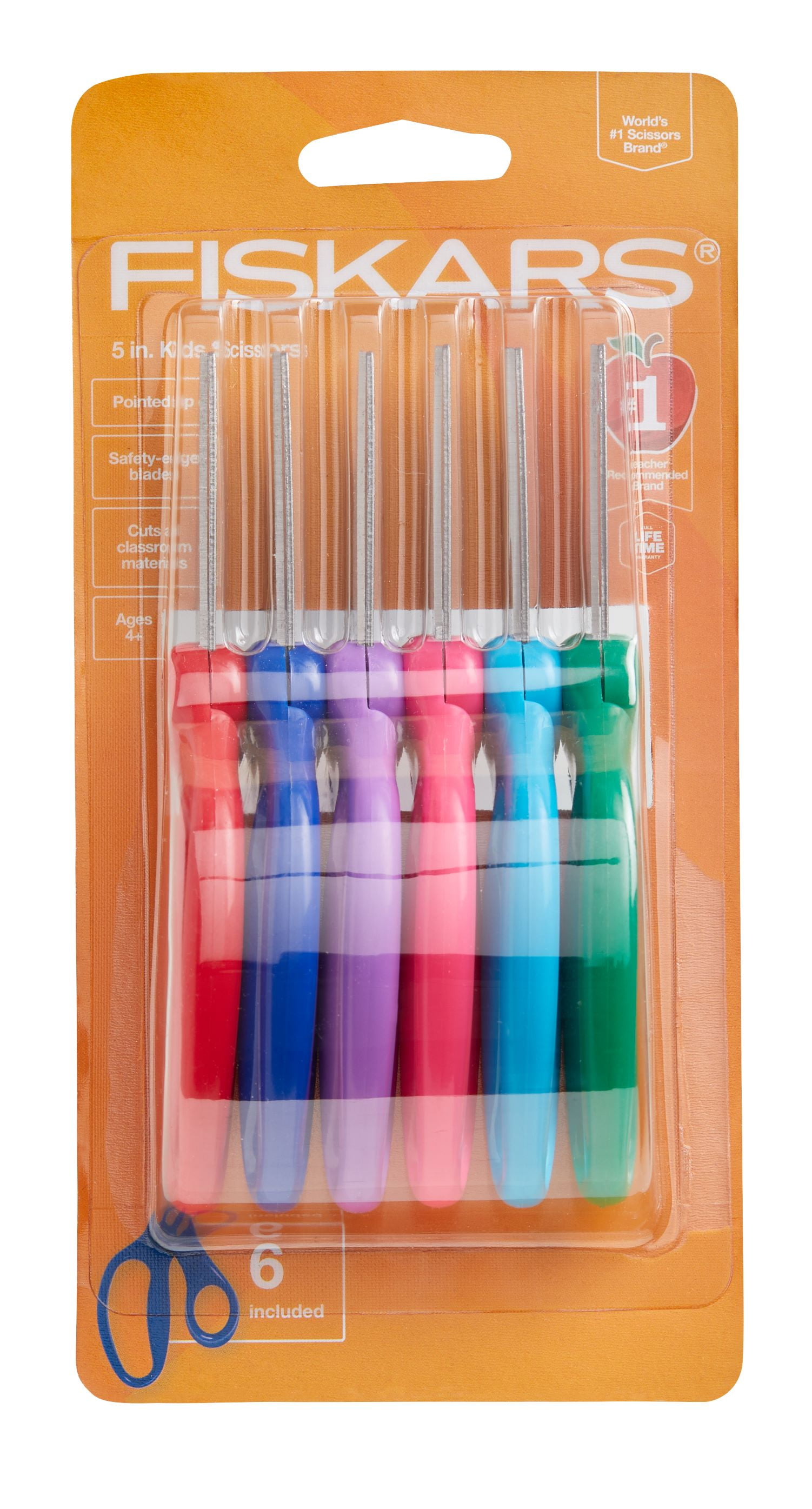Fiskars 5' Kids Pointed Scissors 6 Pack (Ages 4+), Multi-Color