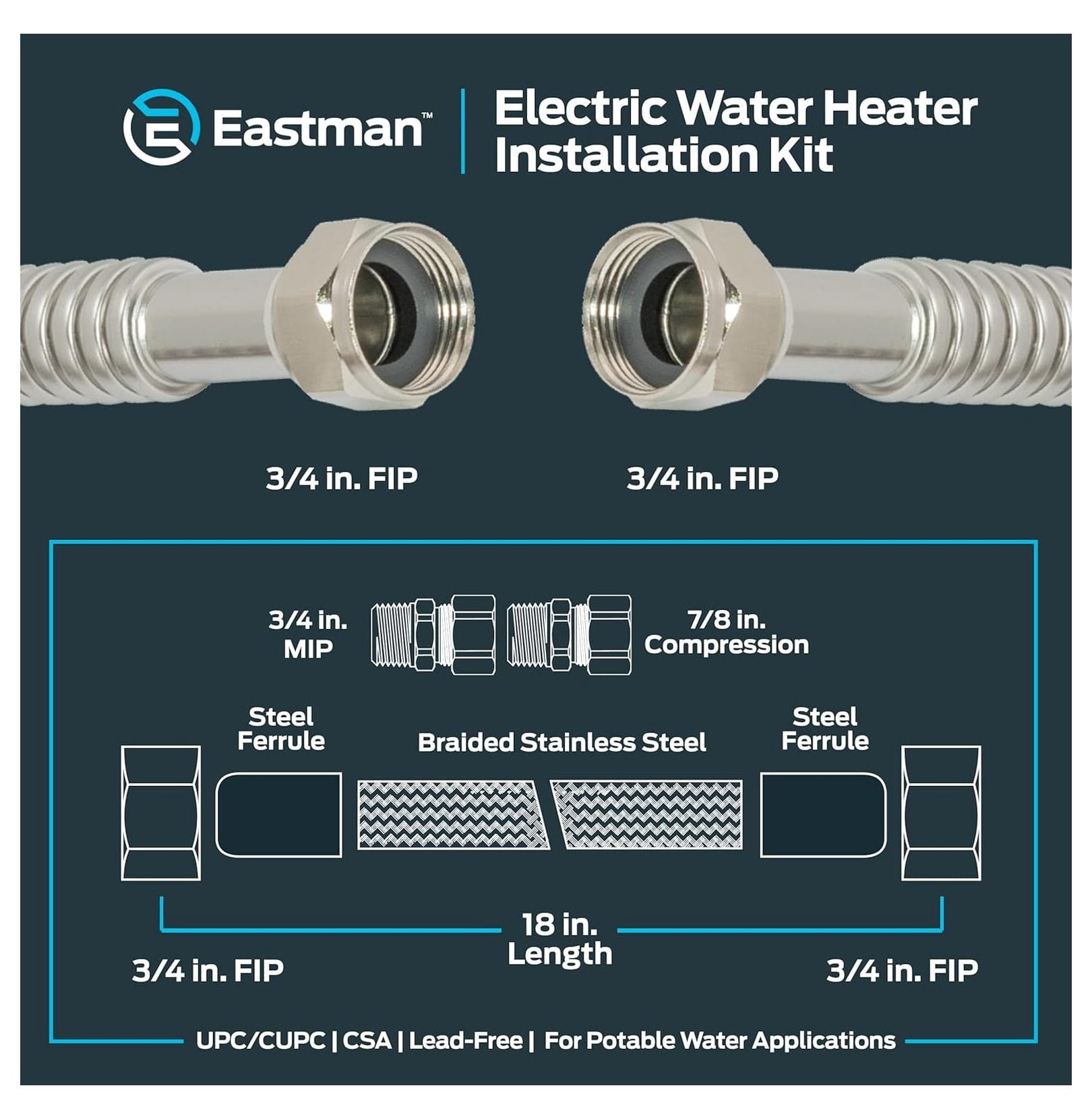 Electric Water Heater Installation Kit - 3/4" x 18" Stainless Steel Connectors - EZ-FLO 48281