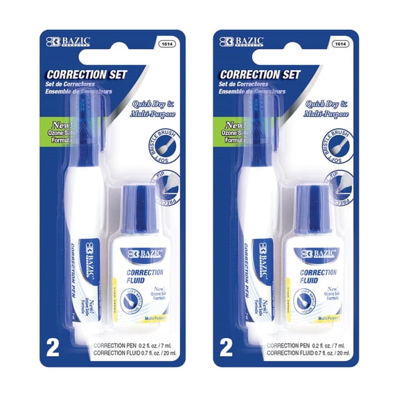 BAZIC Correction Fluid White Out, Bristle Brush & Metal Tip (2/Pack), 2-Packs
