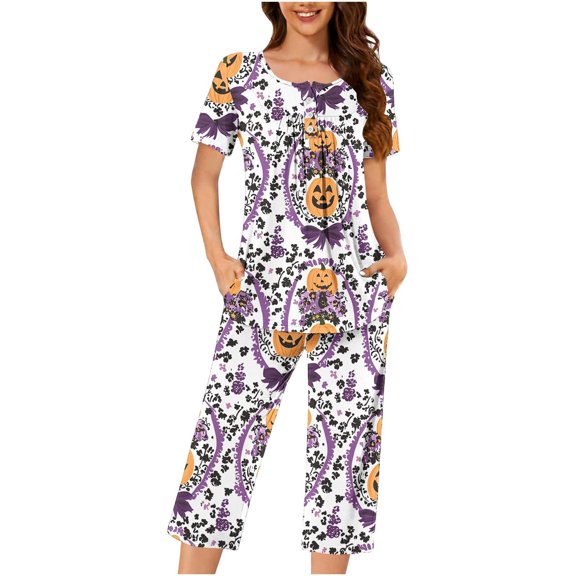 Rggeeun Halloween pajamas for women set Pumpkin Graphic Homewear Crew Neck Short Sleeve Tops Soft Pants with Pockets Nights Leisure Pjs Sets,Purple,S