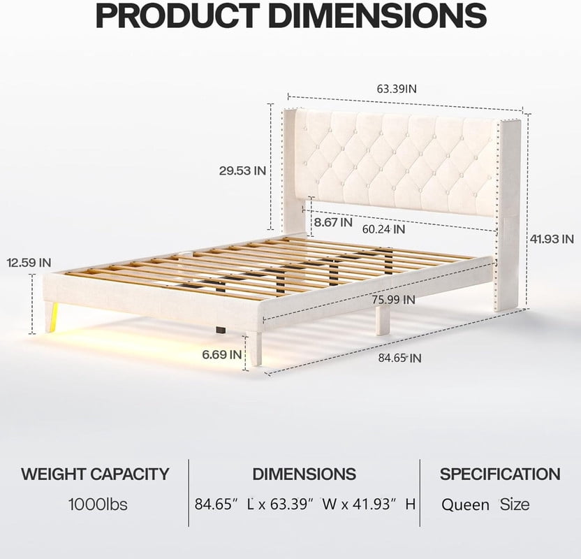 Queen Bed Frame with LED Lights, Upholstered Velvet Platform Bed Frames with Button Tufted Wingback Headboard & Footboard - Wooden Slats Support, No Box Spring Needed, Beige