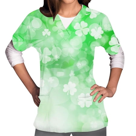 

RYRJJ St. Patrick s Day Scrub_Tops for Womens Funny Clovers Printed Nurse Working Uniform Short Sleeve V Neck Tees with Pockets(White XL)