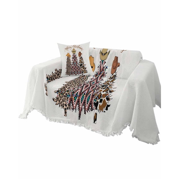 Western Cowboy Christmas Sofa Couch Covers for Dogs, Washable Sofa Throw Cover Single Slipcovers for Armchair with Tassels, Leopard Brown Xmas Tree Couch Protector Towel Blanket M 71''x91''