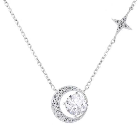 VEYRAH Moon Star Pendant Necklace for Women, Silver Tone Crescent Moon Necklace with Clear Round Stone and Star Charm, Sparkling Fashion Jewelry Gift