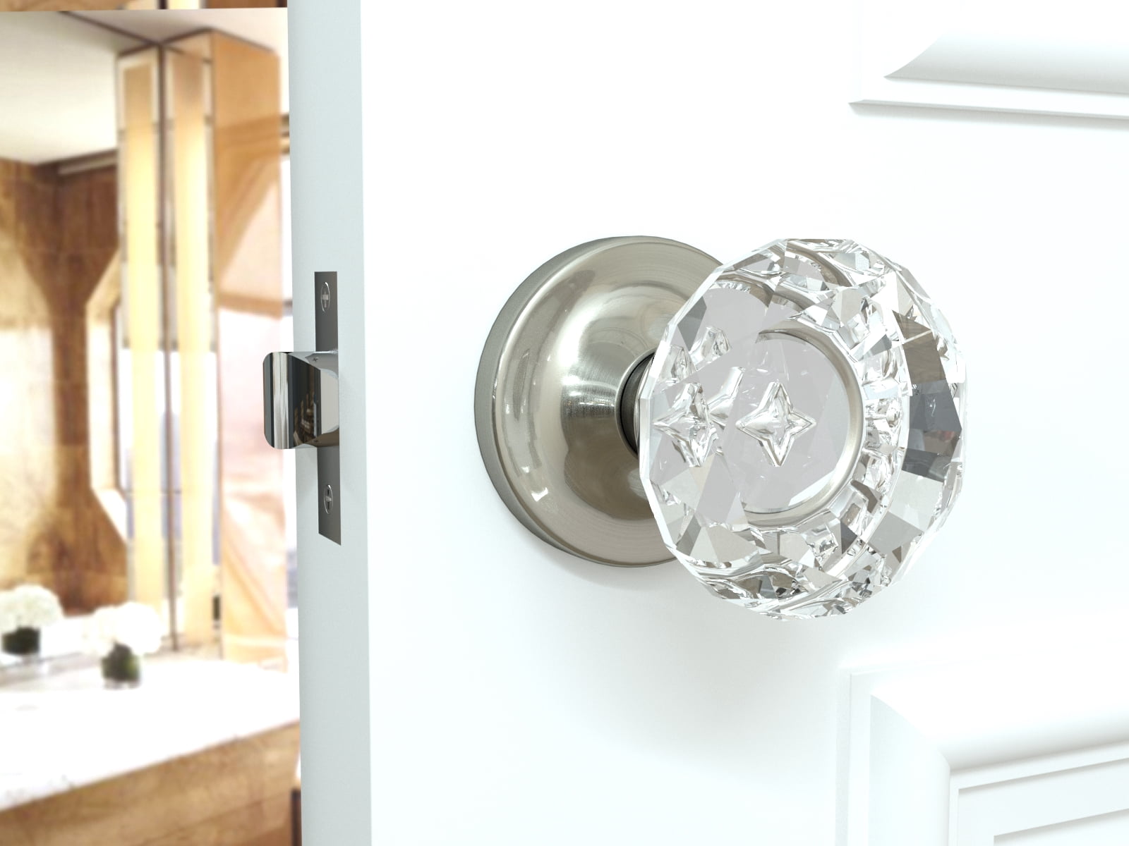 Passage Diamond Round Brilliant Crystal Door Knobs Satin Nickel Round Rosette