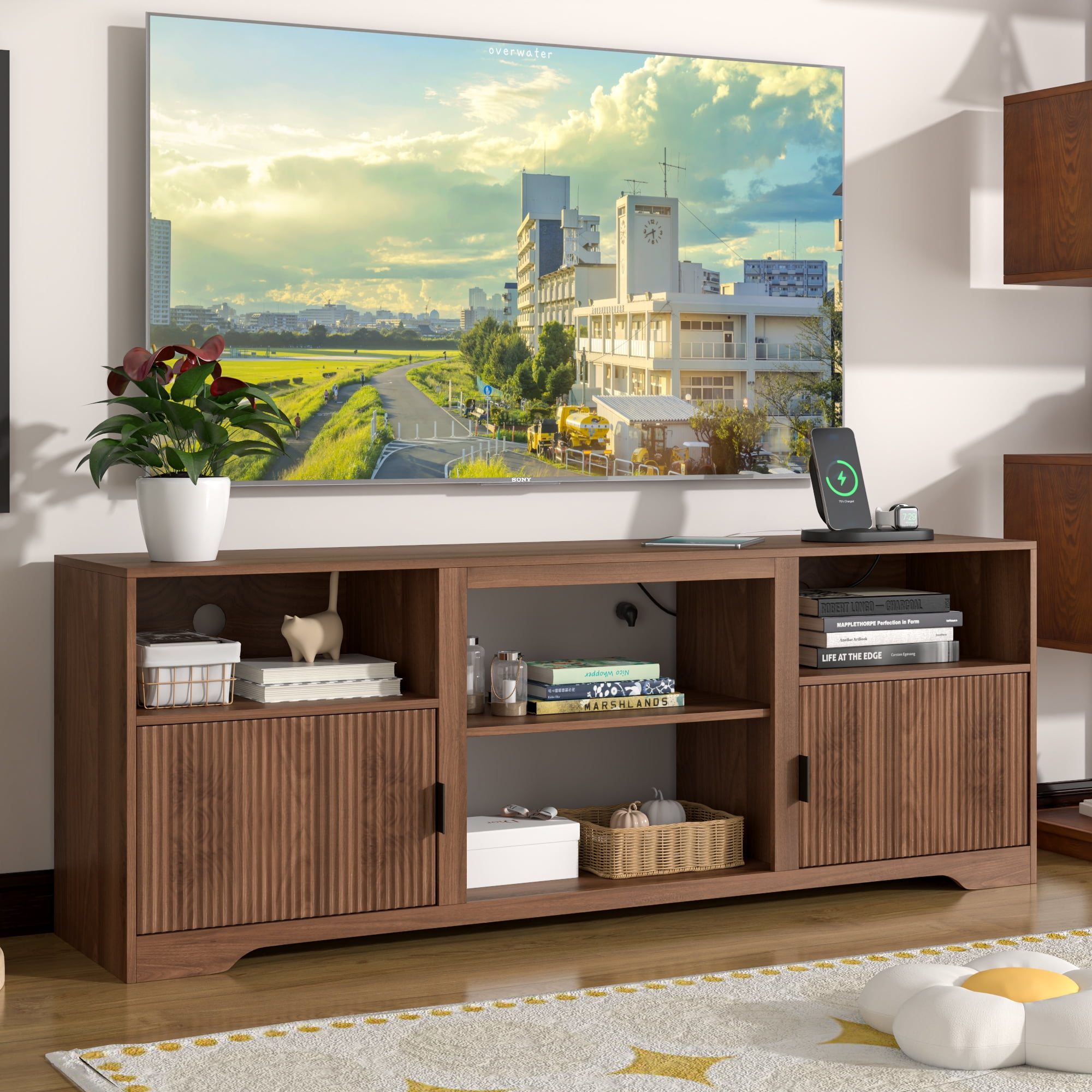 LUCKYELF Modern TV Stand for TVs up to 80", Entertainment Center with Storage, Media TV Console Table for Living Room, Bedroom, Walnut Color