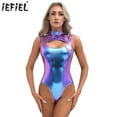 thumbnail image 2 of Body de mujer con escote alto y parte delantera metalizada, ropa de club, atuendo rave, leotardo con cremallera invisible en la espalda, traje de baño para fiesta en la piscina, 2 of 5