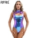 thumbnail image 2 of Body de mujer con escote alto y parte delantera metalizada, ropa de club, atuendo rave, leotardo con cremallera invisible en la espalda, traje de baño para fiesta en la piscina, 2 of 5