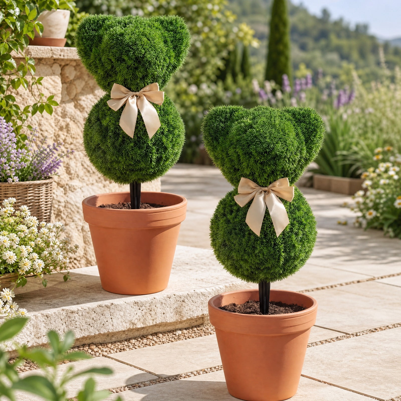 Vebreda Artificial Plant Decor, 2 Pieces Teddy Bear Topiary Trees Sun-resistant Faux Boxwood Plants with Bowknot, Whimsical Little Bears