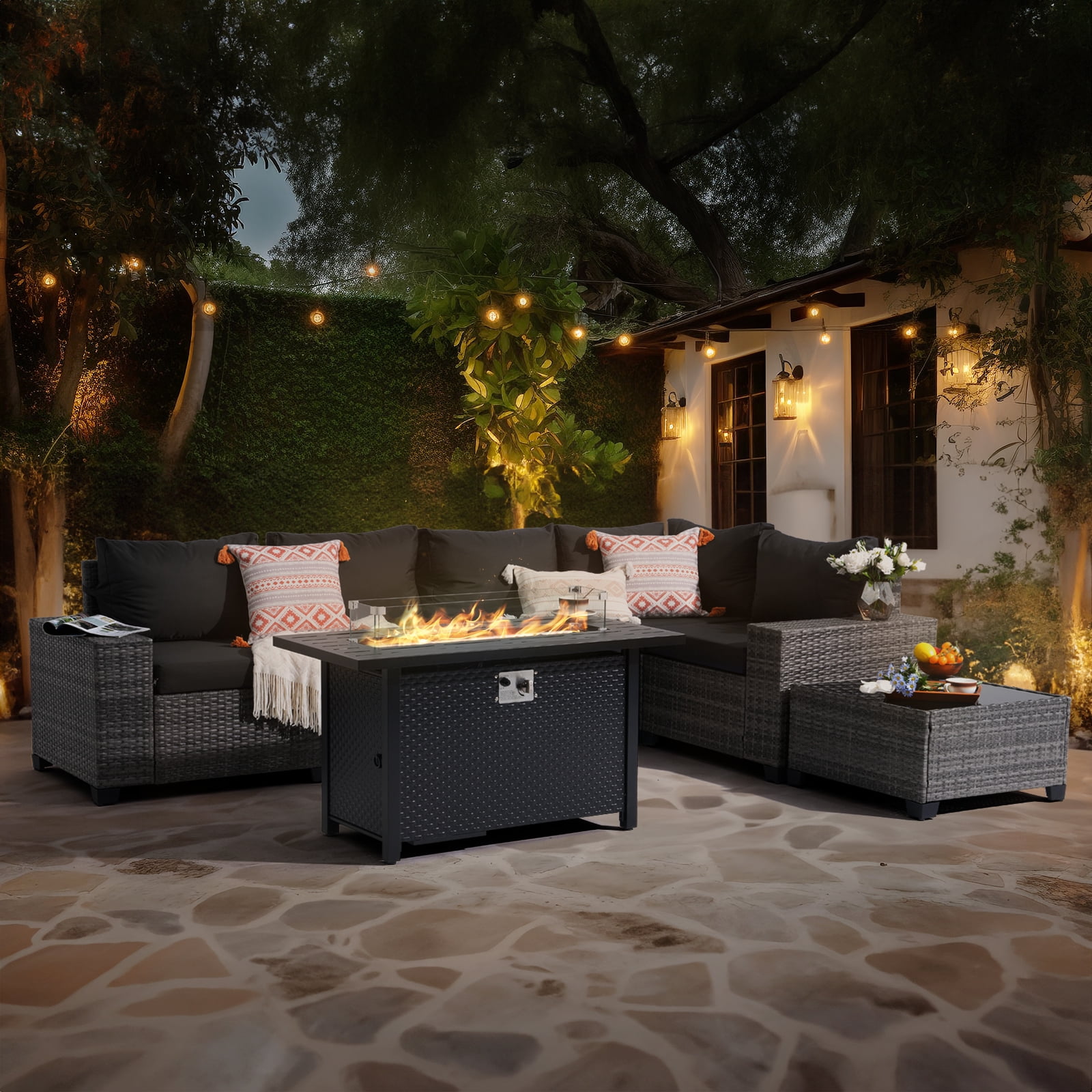 JOIVI 7 Pieces Wicker Patio Furniture Set 5-Seat Outdoor Conversation Set with 45-Inch Fire Pit Table, 8'' Wide Armrest Modular Rattan Outdoor Sectional Sofa Set, Black
