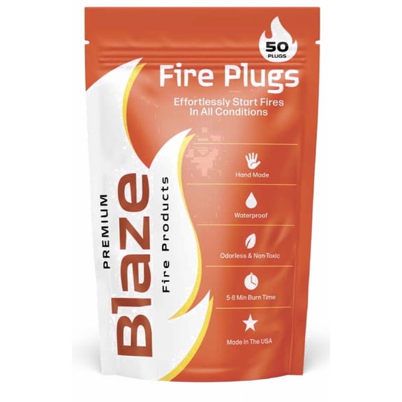 Blaze Fire Plugs 50 Count - Waterproof Fire Starters Handmade in USA, Non-Toxic, Long Burn for Camping, BBQ, Emergency, Survival