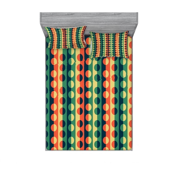 Geometric Circle Bedding Set with Sheet & Covers, Pop Art Style Vertical Striped Half-Pattern Ring Forms Retro Poster Print, Printed Bedroom Decor 2 Shams, 4 Sizes, Orange Teal, by Ambesonne