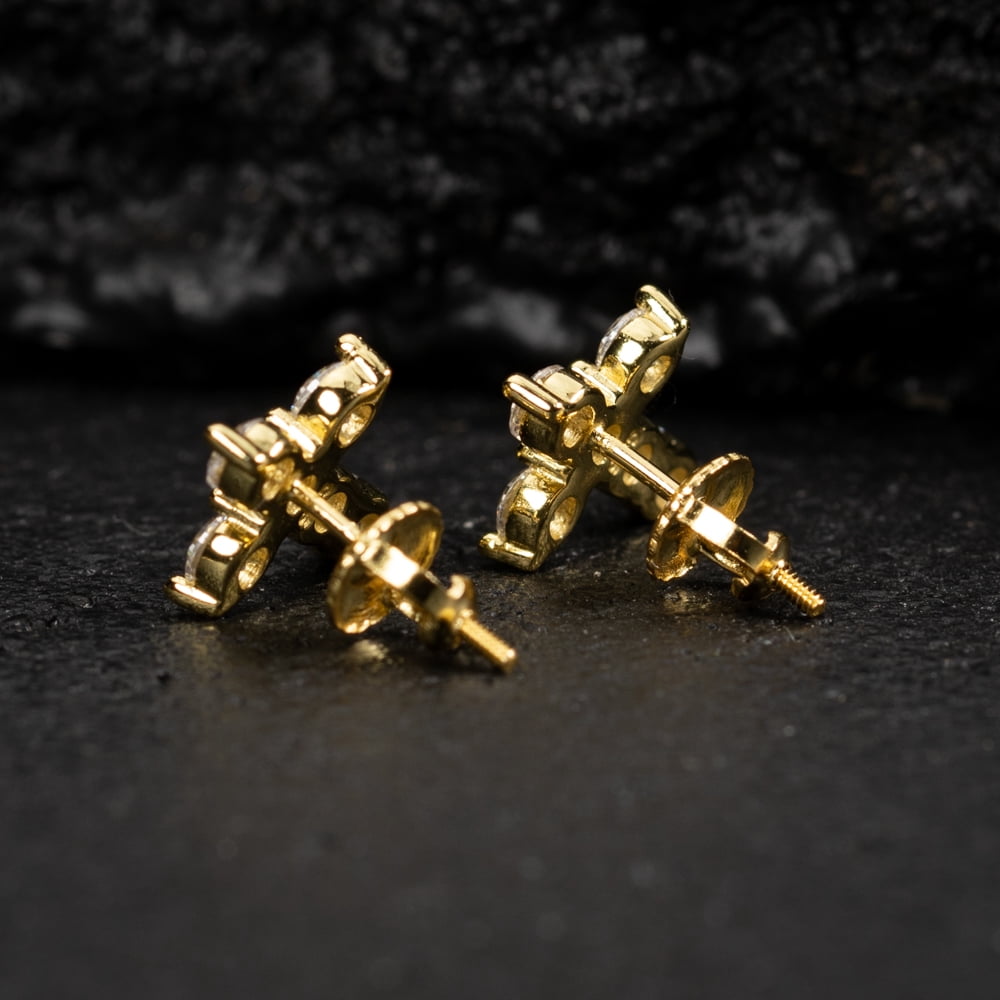 Small Solitaire Prong Set Iced 5A Cz Yellow Gold Plated 925 Sterling Silver Screw Back Post Crucifix Gothic Cross Stud Earrings