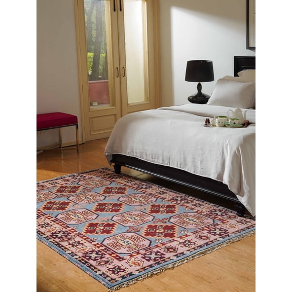 Rugsotic Carpets Hand Knotted Wool & Silk Eco-Friendly Oriental 6'x9' Area Rugs Rectangle Aqua Cream Classic Traditional Design High Pile Indoor Handmade Rug for Living Room, Bedroom AF0117