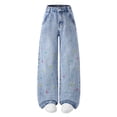 thumbnail image 2 of Babcutegg Kids’ Solid-Color Wide-Leg Denim Pants Casual Summer Jeans with Star Embroidery, Light Wash Finish, Slanted Pockets, and Relaxed Straight-Cut Fit Blue Size 10-11, 2 of 7