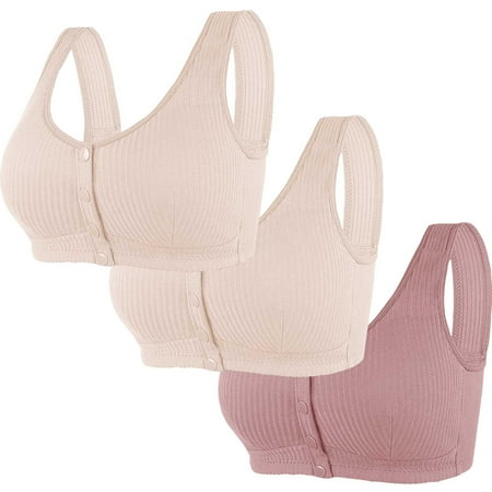 REORIAFEE Womens Bras No Underwire Full Support 3PC Front Closure Gathered Together Wireless Bras Striped Brassiere Comfy Wide Strap Breathable Corset Underwear Comfortable Lingerie Purple S36/80