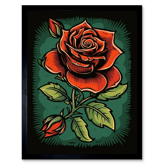 Old School USA Tattoo Ink Body Art Blooming Rose Rockabilly Americana 50s Art Print Framed Poster Wall Decor 12x16 inch