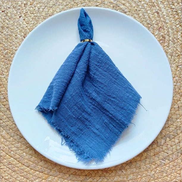 Nvzi Servilletas de tela de 16,53 x 16,53 pulgadas, juego de 4, servilletas de gasa de lino con flecos, servilletas suaves con flecos reutilizables para cenas, fiestas, Navidad, bodas (azul)