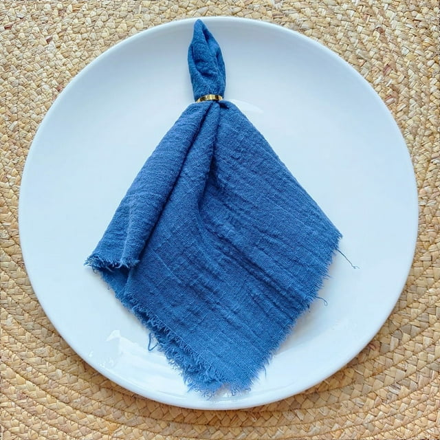 Xiao Hua Servilletas de tela de 42 x 42 cm (juego de 4), de gasa de lino con flecos, reutilizables, suaves y con flecos, para cenas, fiestas, Navidad y bodas (azules).