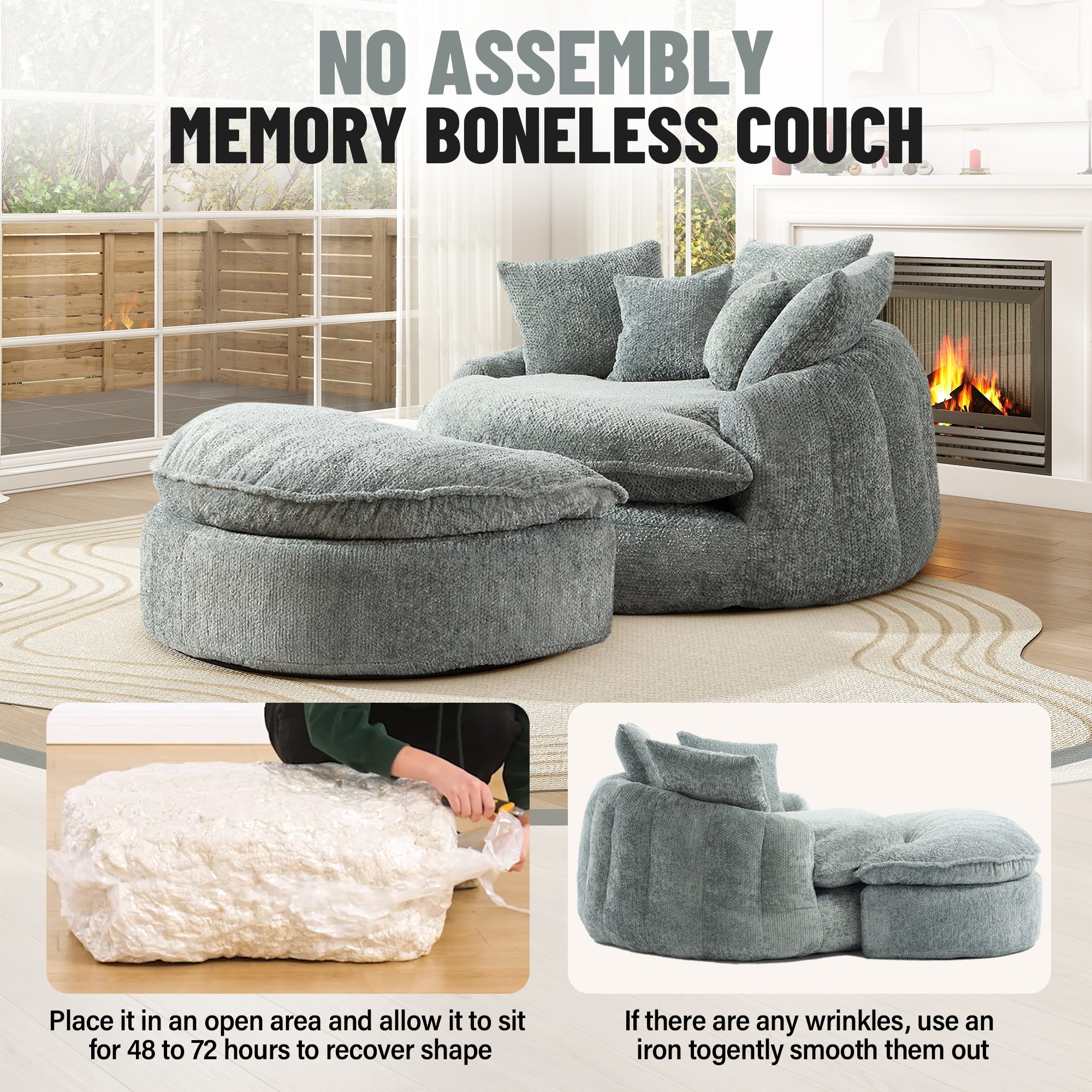 Aukfa 75" Oversized Round Chaise Lounge Chair with Half Moon Ottoman, Boneless Cloud Circle Deep Seat Sofa Set for Living Room, 5 Pillows, No Assembly Required, Light Blue