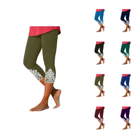 Capri Leggings for Women Summer Casual Elastic High Waist Lace Hem Workout Yoga Cropped Capris Pants