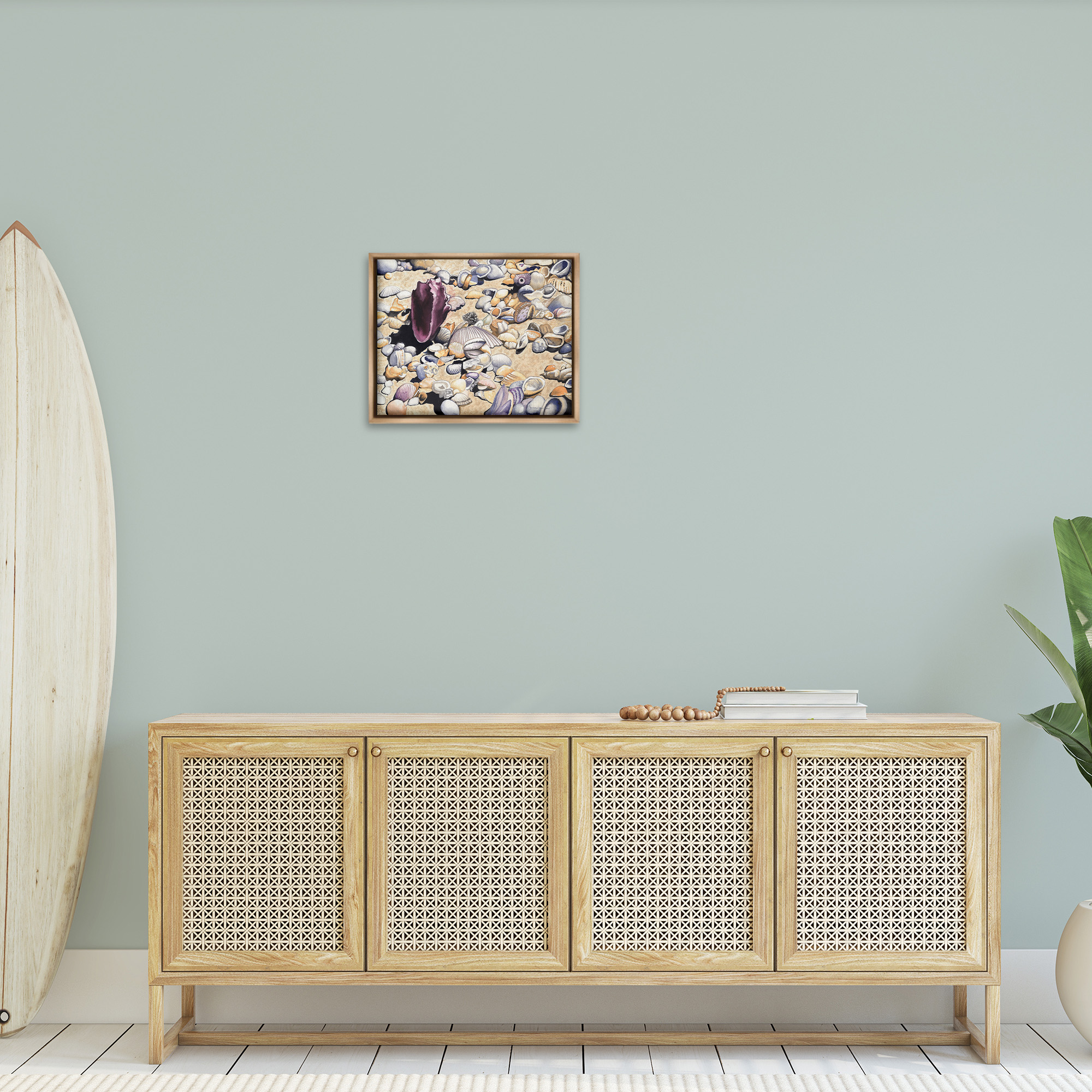 Stupell Industries Various Seashells on Coast Landscape Painting Brown Floater Framed Canvas Art Print Wall Art, 21 x 17