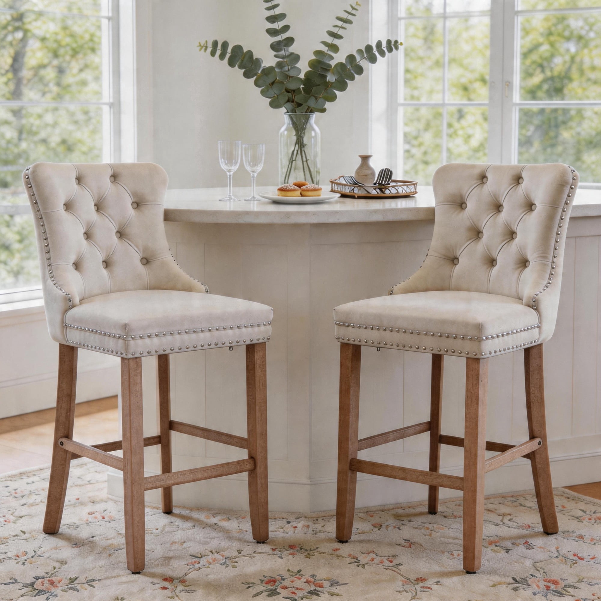 DONICK Velvet Counter Height Bar Stools Set of 4,Button Tufted Back Bar Chair Nailhead Back Pull Tab Wooden Leg(Beige)