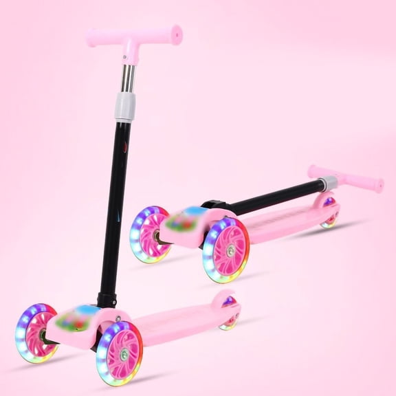 Trottinette Pliable pour Enfants Trottinette à Pousser Pliable Trottinette à Roue Clignotante Guidon Pliable Trottinette Pliable pour Enfants 3 Roues Clignotantes Planeur Poussée Hauteur Réglable Plateau Grand pour