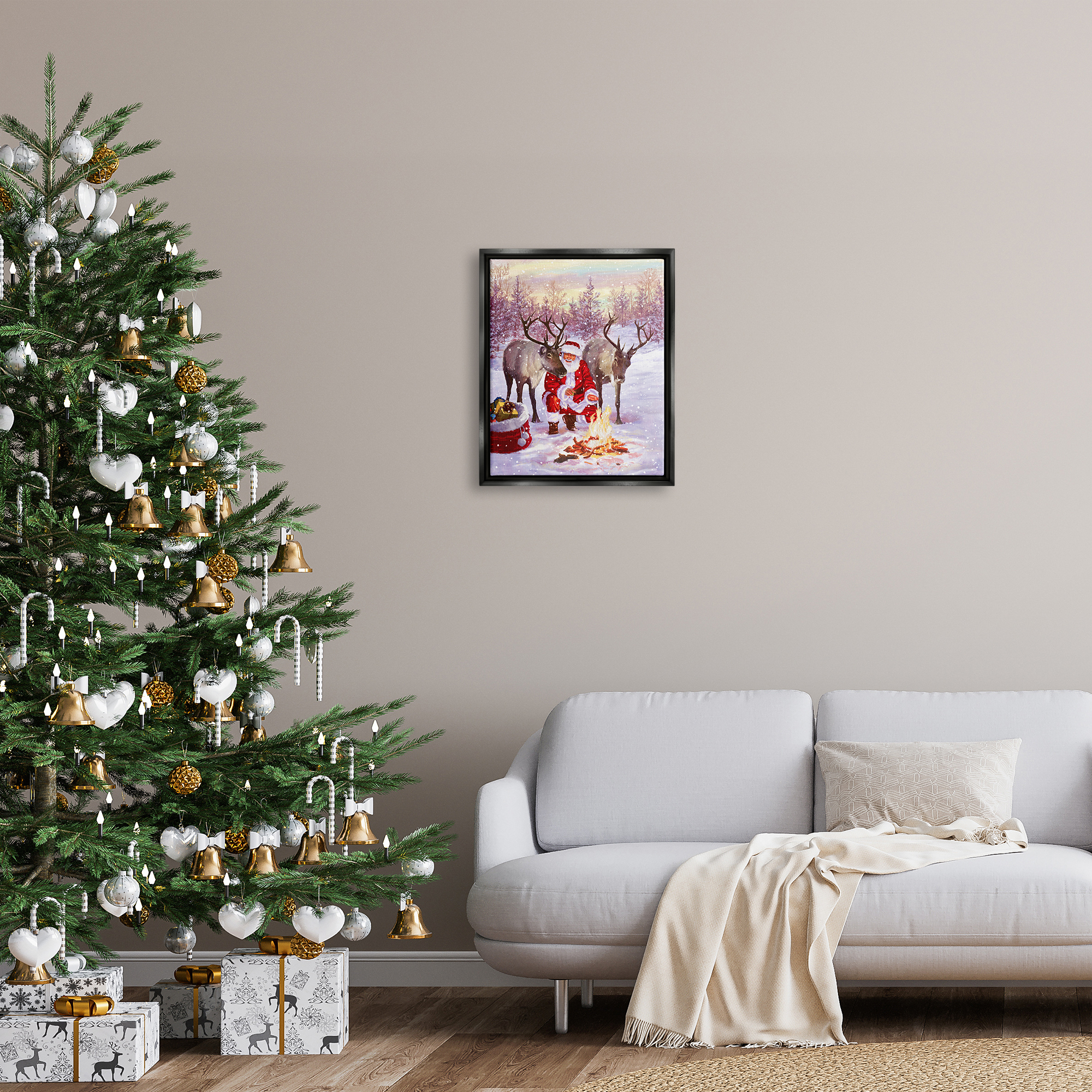 Stupell Industries Santa & Reindeer Bonfire Scene Holiday Painting Black Floater Framed Art Print Wall Art