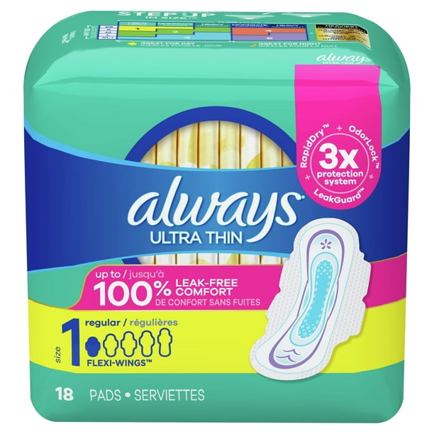 Always Ultra Thin Pads with Wings, Regular, Unscented, 18 Ct Walmart