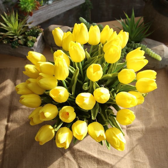 FENGGHAO 5 Stems Mini Artificial Tulip Bouquet Yellow Fake Flowers 35cm Floral Wedding Party Home Centerpiece Decor