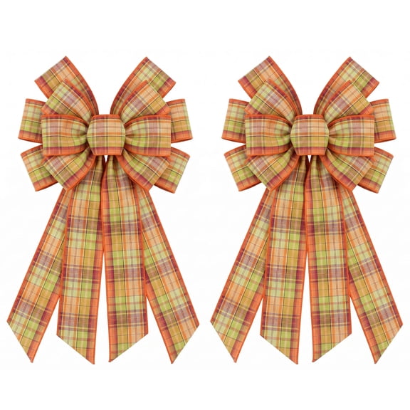 Hying 2PCS Large Fall Bow Wreath Autumn Thanksgiving Yellow Orange Plaid Bow for Farmhouse