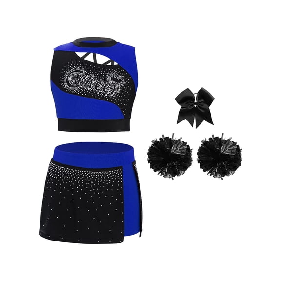 Hansber Kids Girls Cheerleading Dance Outfits 4 Piece Sleeveless Tank Top with Skirt Cheer Uniform Dress Suit Blue Black 6
