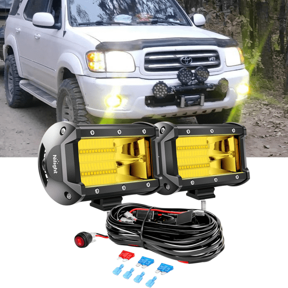 Nilight 5 Inch 72W LED Flood Beam Light Bar - 10800 Lumens Amber for SUV, 2 Pack with 16AWG Wire Set