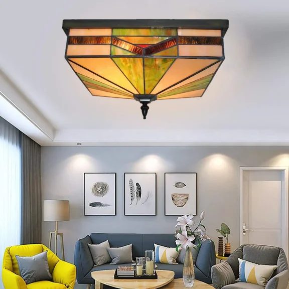 More Change 15.8" Stained Glass Chandeliers Flush Mount Hand-Made Ceiling Light Fixtures