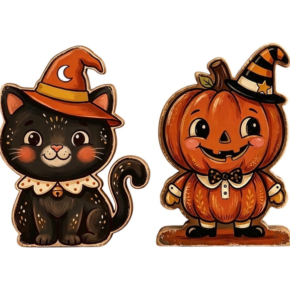 Vintage Halloween Decorations 2 Piece Wooden Fall Figurine Set Colorful Spooky Indoor Home Mantel Shelf Decor for Autumn Holiday Party Seasonal Display Housewarming Gift
