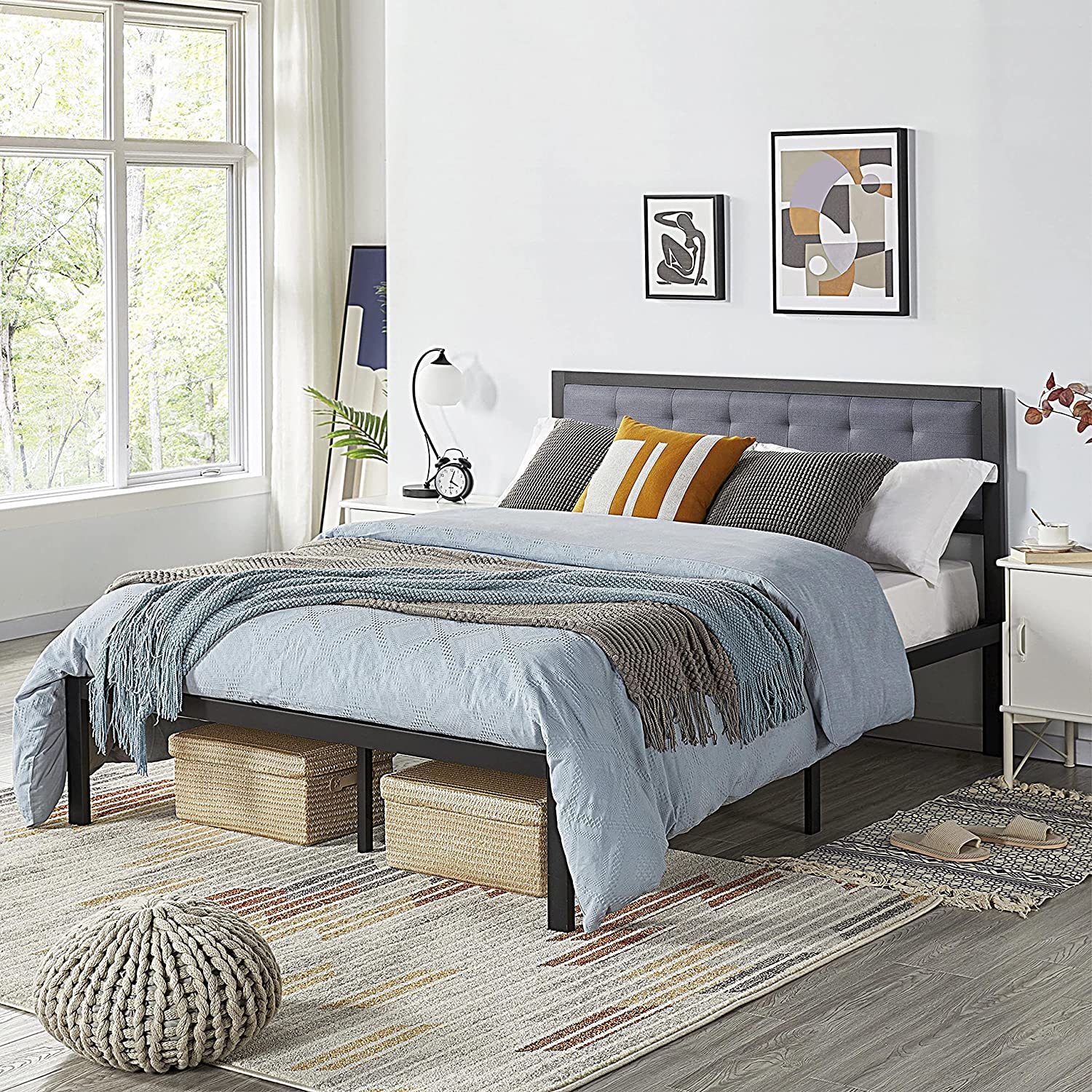 Queen Size Linen Upholstered Platform Metal Bed Frame with Button Tufted Headboard,Gray, UPHOLSTERED HEADBOARD: This bed frame features beautiful upholstery and cushione... - image 2 of 7