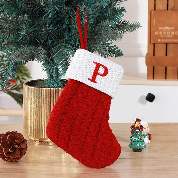 Kabnic Christmas Stockings with Initials, Large Embroidered Monogram Knit Christmas Stocking, Xmas Stocking for Kids, Holiday and Family Stocking for Fireplace or Party Decoration Red Letter P