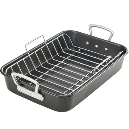 

KITESSENSU Nonstick Roasting Pan with Rack 15 x 11 Turkey Roaster Pan for Ovens - Wider Handles & Heavy Duty Construction Gray