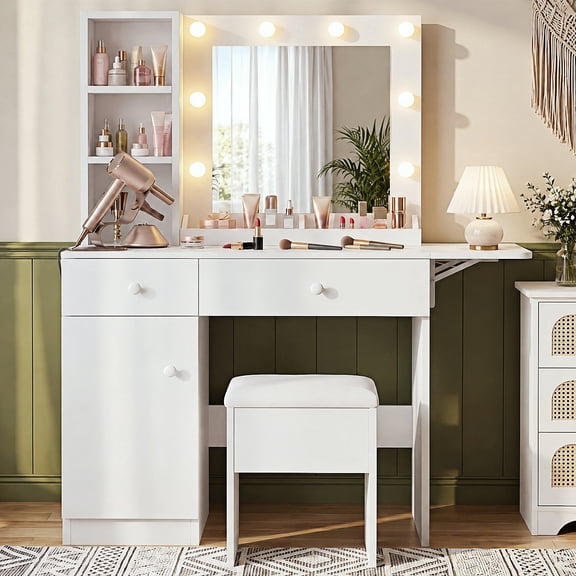 Haewon White Vanity Desk with Mirror and Lights, Makeup Vanity with Charging Station and 3 Lighting Modes, Dressing Table Set with Storage Cabinet, Drawers and Chair for Girls Bedroom