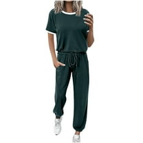 LYXSSBYX 2 Piece Outfit for Women Fall Women's Fashion Casual Solid Color Round Neck Short Sleeved Long Pants Two-piece Set