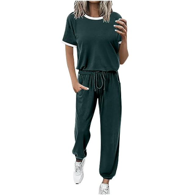 Yuyuzo Womens Workout Sets 2 Piece Sweatsuits Short Sleeve T Shirts Drawstring Running Pants with Pockets