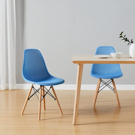 Dining Mid Modern Hollow Back Design Plastic Shell Armless Side Chair with Beech Wood Legs, Set of 2, Blue